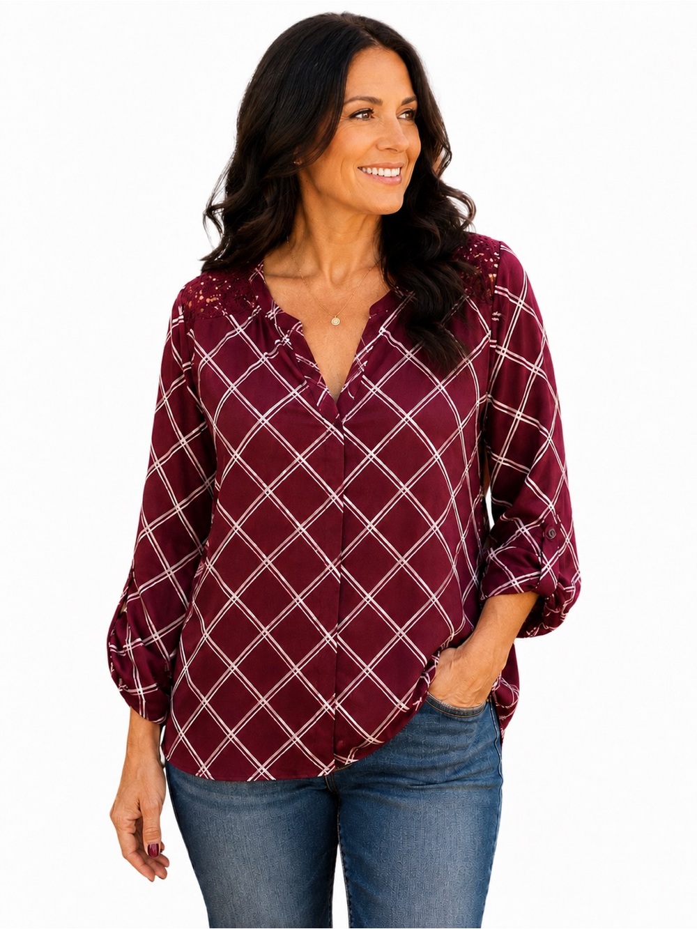 Burgundy Blouse Size 2X ~ Crochet Lace Shoulder V-Neck Top ~ Roll Tab Sleeves